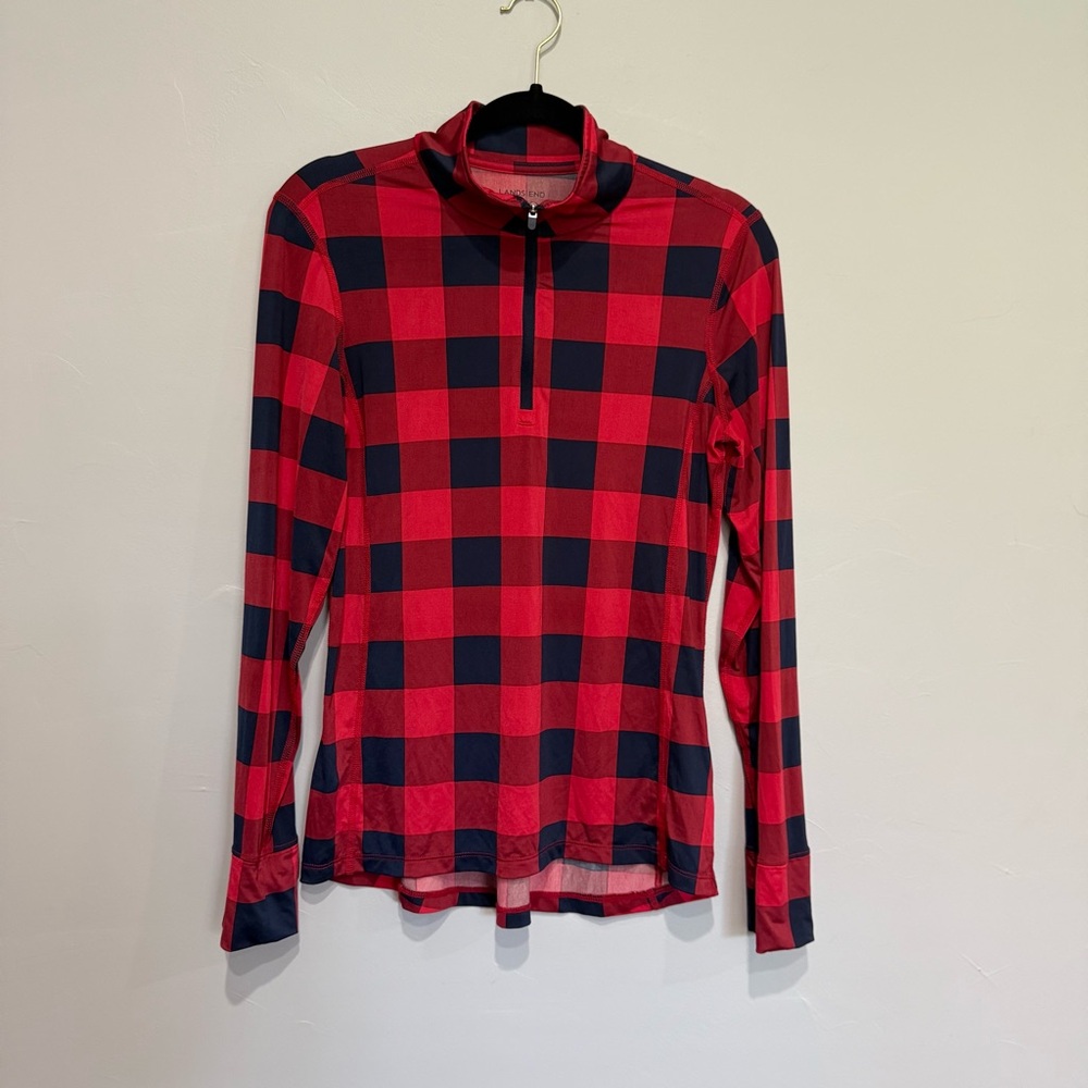 Lands' End Red and Black Buffalo Check Plaid Women’s Small 3/4 Zip Top